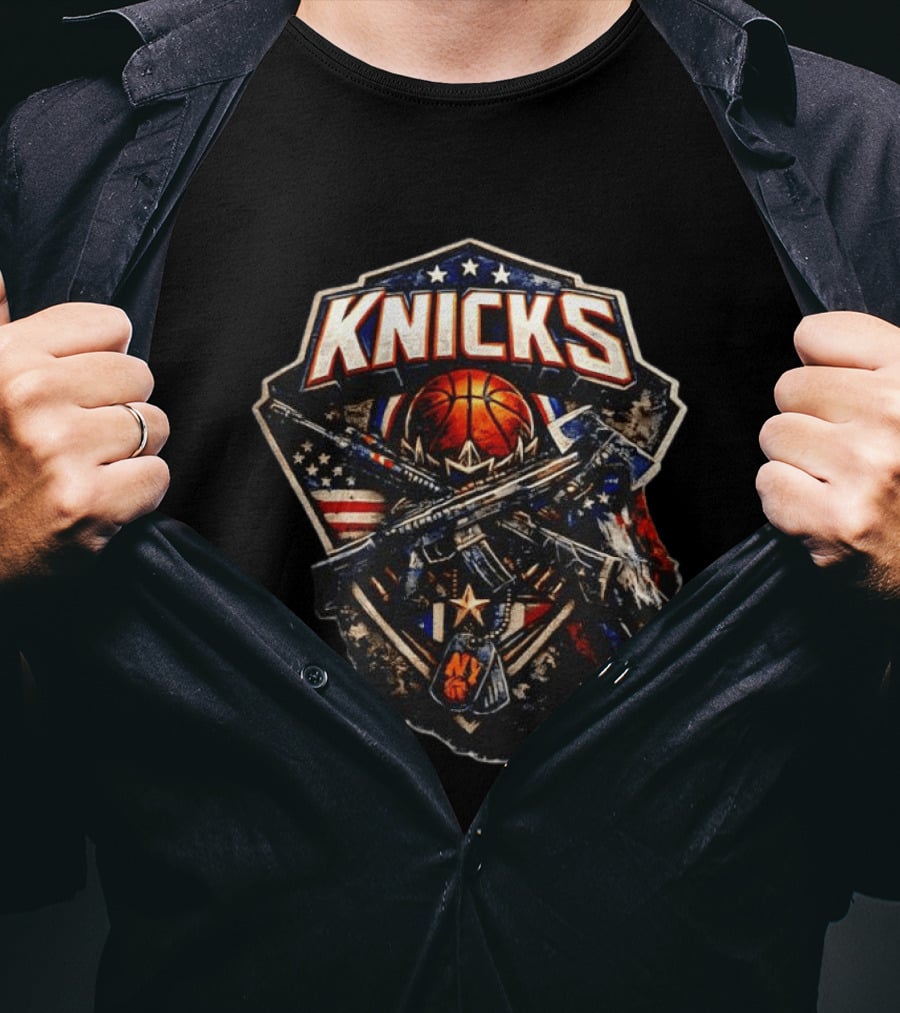 Knicks Basketball NBA Military Rifle Axe USA Flag Dog Tags T-Shirt