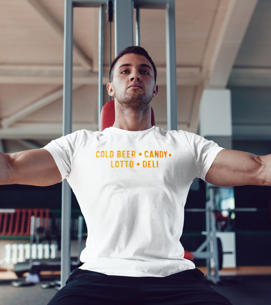 Cold Beer Candy Lotto Deli Retro Block Letters T-Shirt