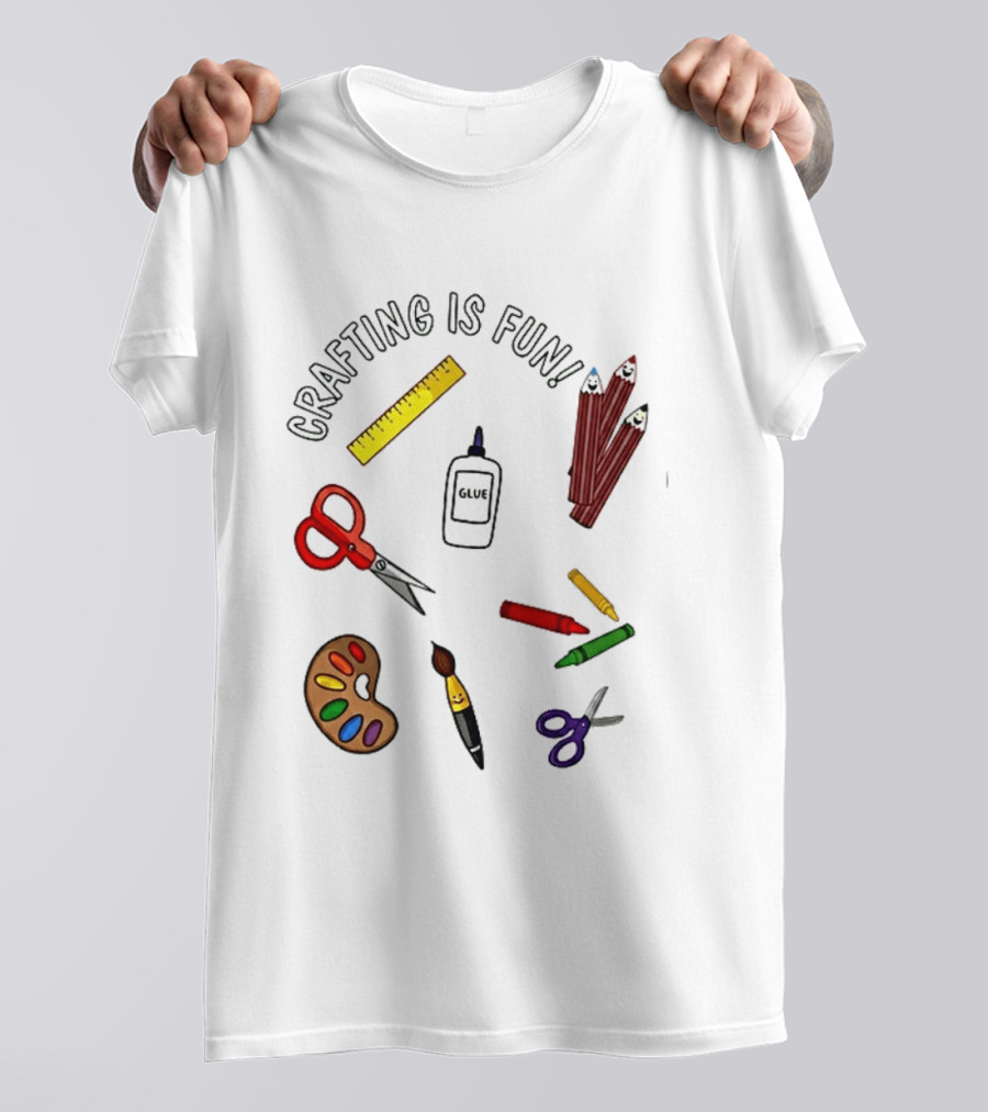 Crafting Is Fun Supplies Scissors Glue Paintbrush Crayons Palette Ruler T-Shirt