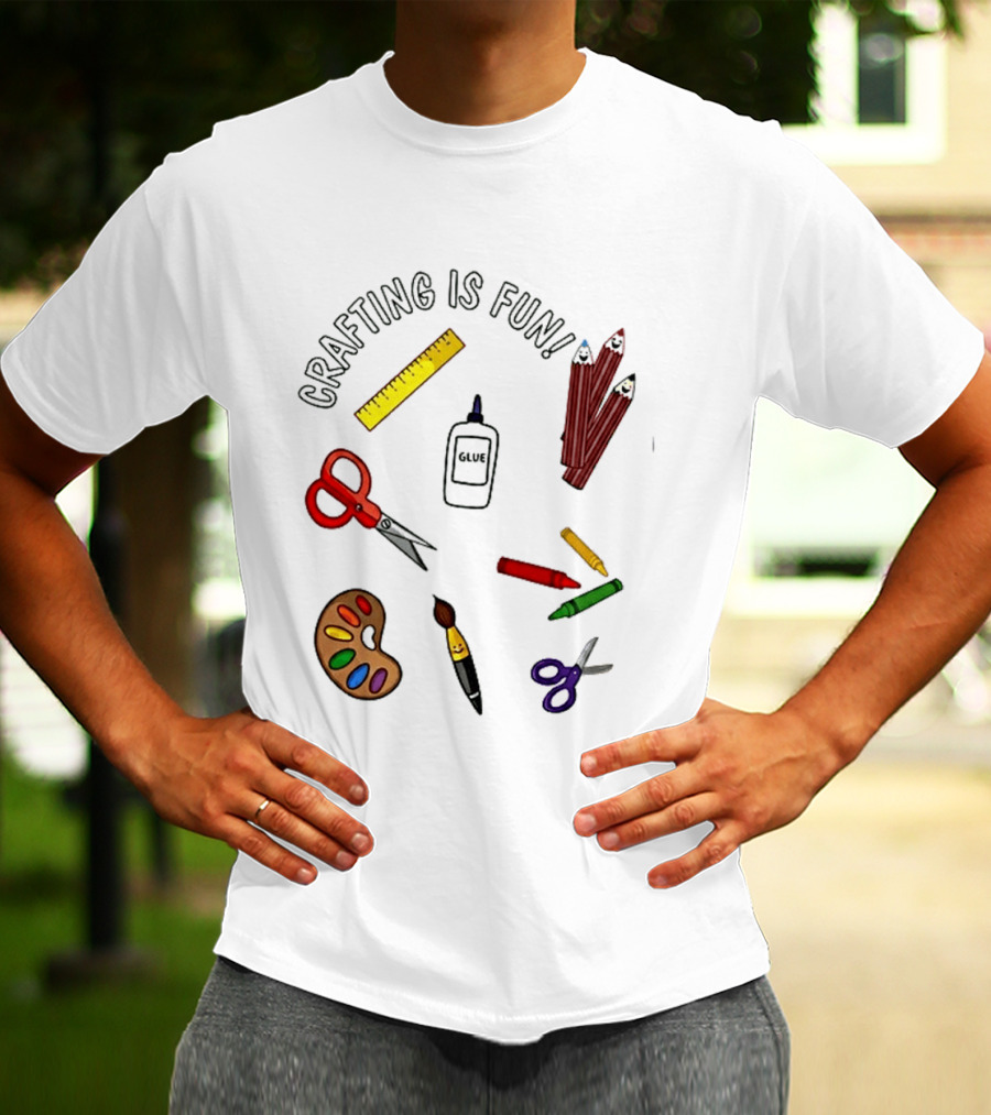 Crafting Is Fun Supplies Scissors Glue Paintbrush Crayons Palette Ruler T-Shirt