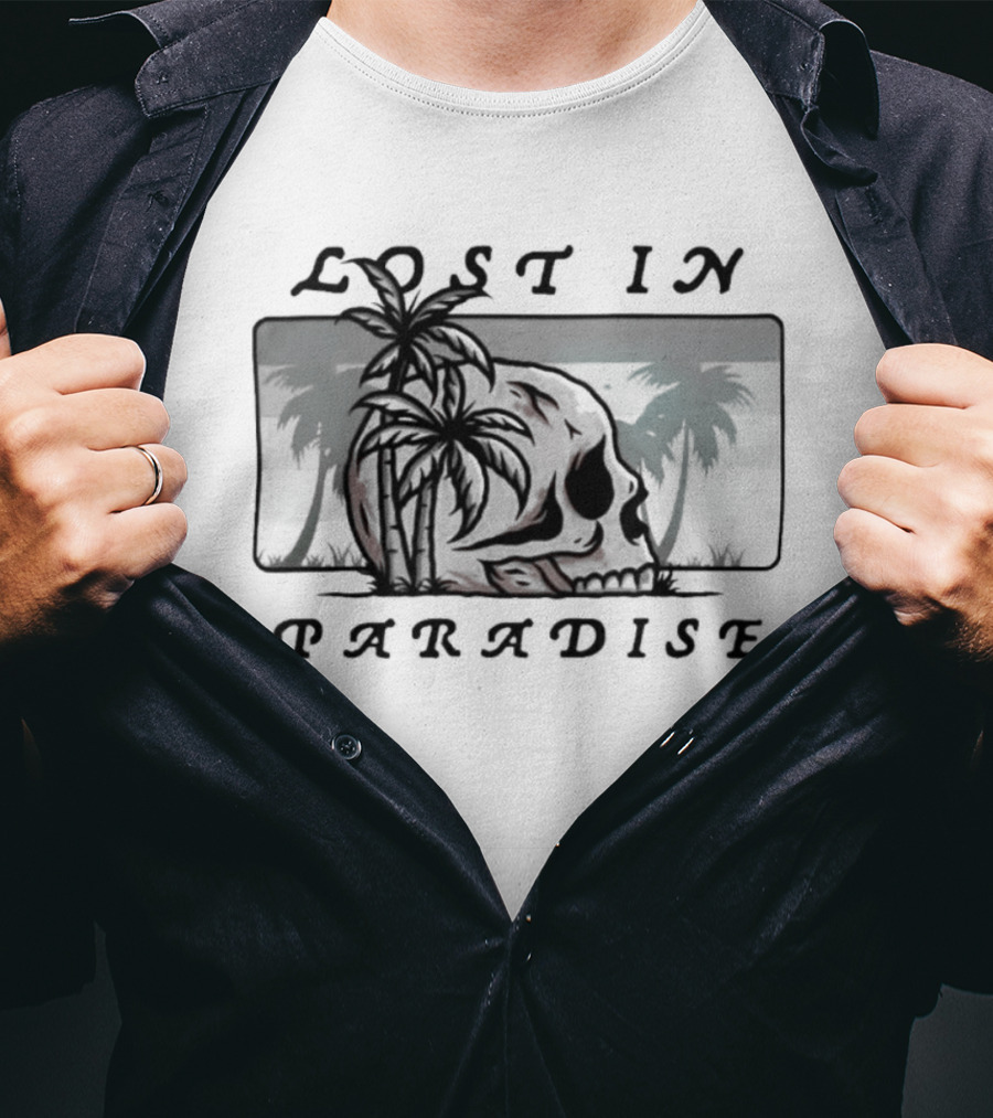 Lost In Paradise Palm Tree Skull And Beach Scene T-Shirt