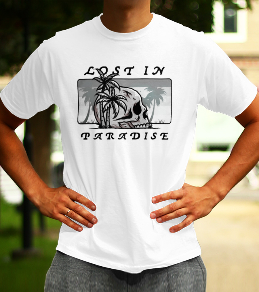Lost In Paradise Palm Tree Skull And Beach Scene T-Shirt