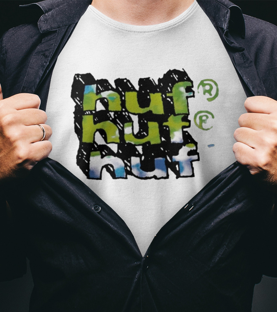 Huf Hand Stacked Triple Logo Green Blue Black T-Shirt