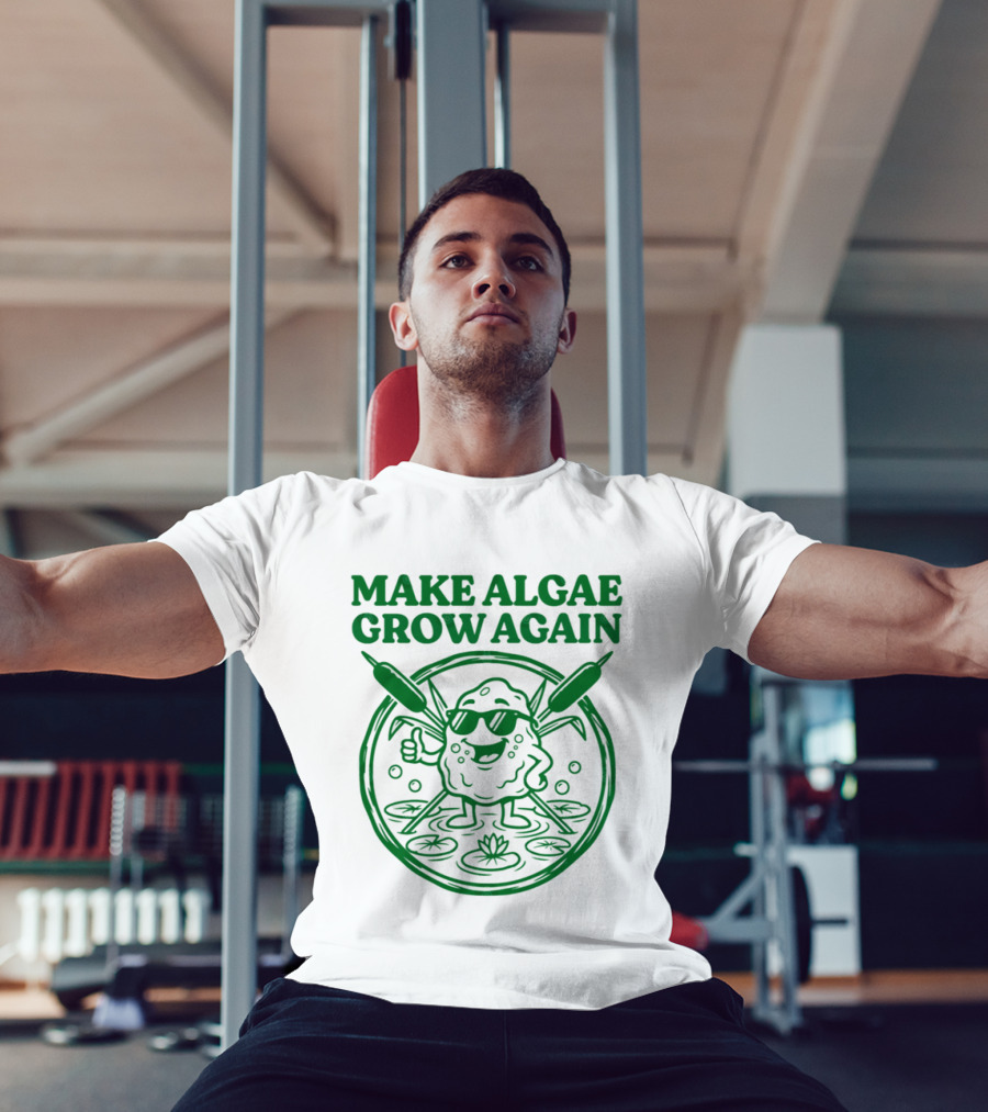 MAKE ALGAE GROW AGAIN Cartoon Thumbs Up With Sunglasses And Cattails Circular Frame T-Shirt
