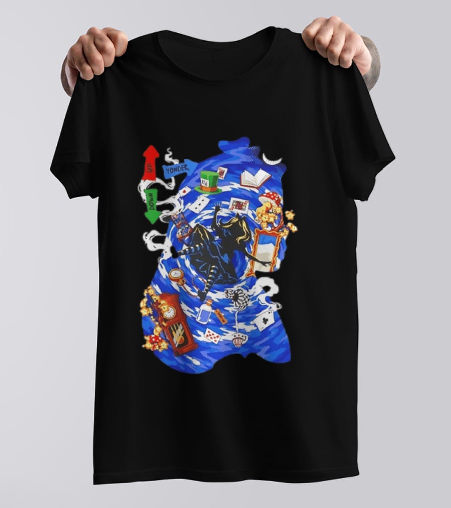 Alice In Wonderland Through The Rabbit Hole Down Yonder With Wonderland Icons And Vortex T-Shirt