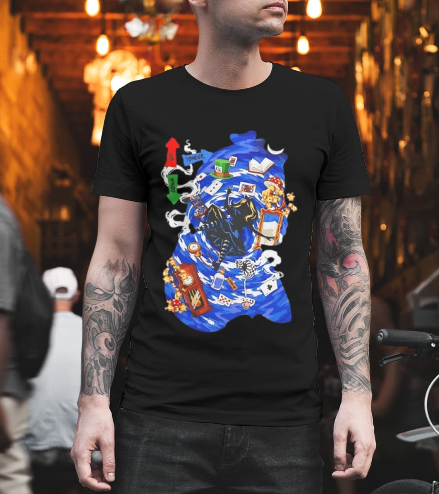 Alice In Wonderland Through The Rabbit Hole Down Yonder With Wonderland Icons And Vortex T-Shirt