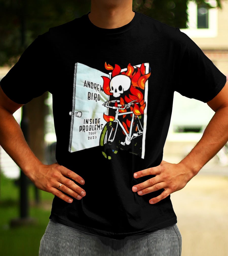 Andrew Bird Inside Problems Tour 2023 Flaming Skeleton On Bicycle T-Shirt