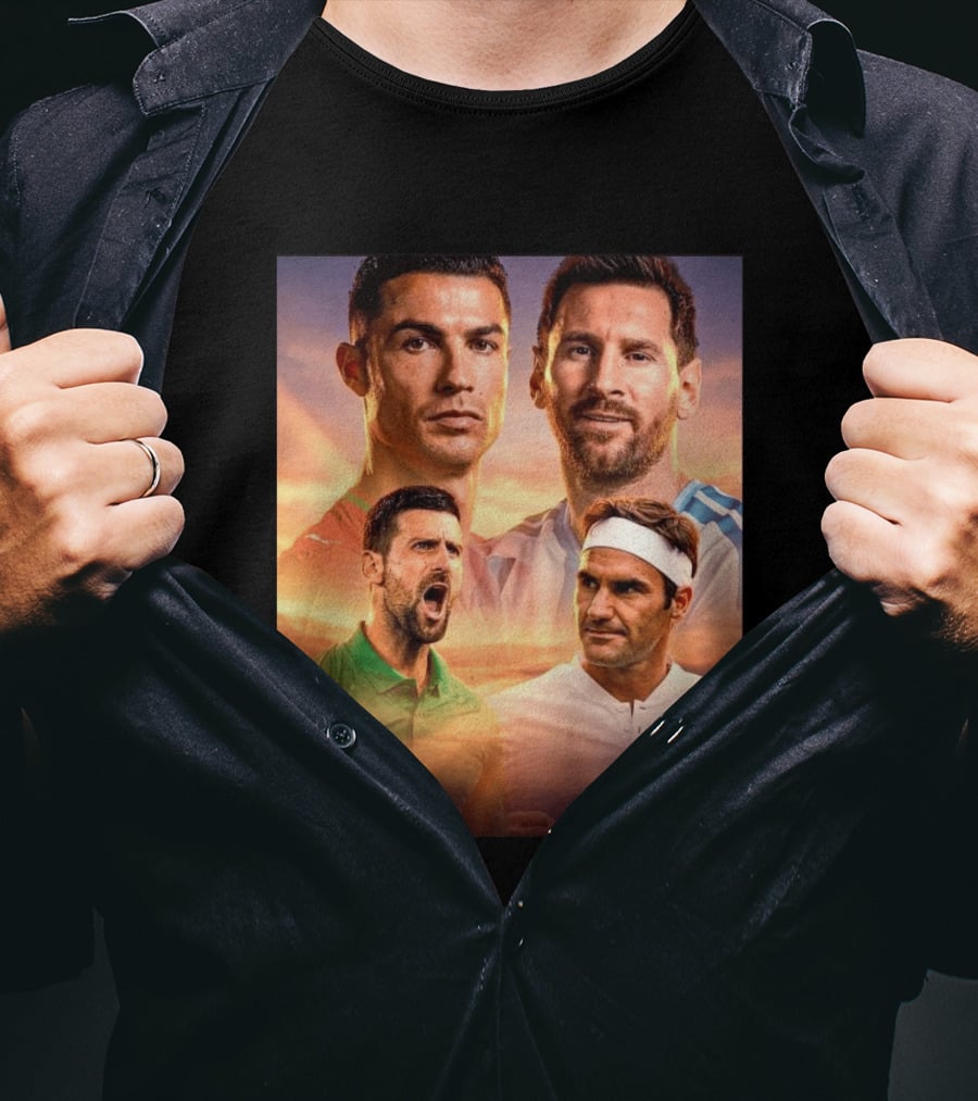 Cristiano Ronaldo Lionel Messi Novak Djokovic Roger Federer GOAT Sports Legends Celebrating Iconic Athletes T-Shirt