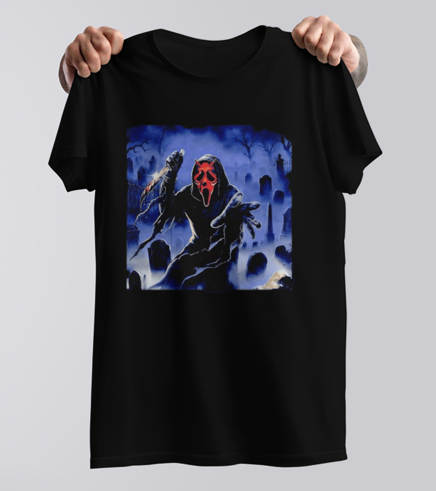 Ghostface Scream Devil Mask With Knife In Cemetery T-Shirt