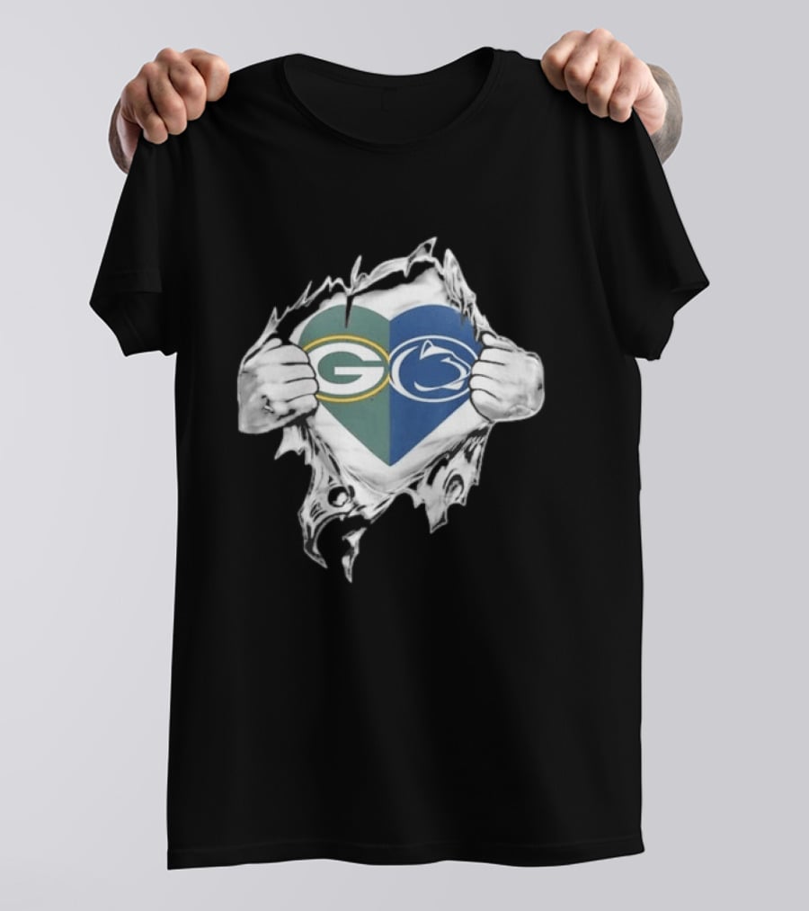 Packers Penn State Heart Icon Featuring Green Bay And Nittany Lions Logos T-Shirt
