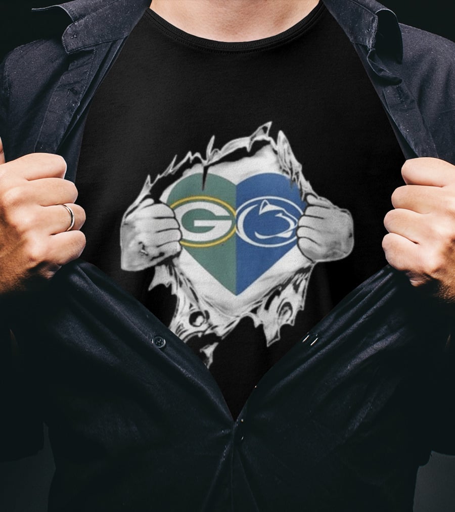 Packers Penn State Heart Icon Featuring Green Bay And Nittany Lions Logos T-Shirt