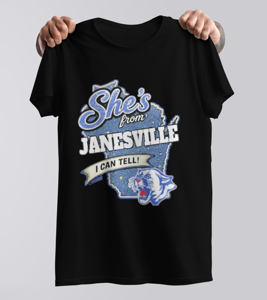 She's From Janesville I Can Tell With Wisconsin Map And Wildcat T-Shirt