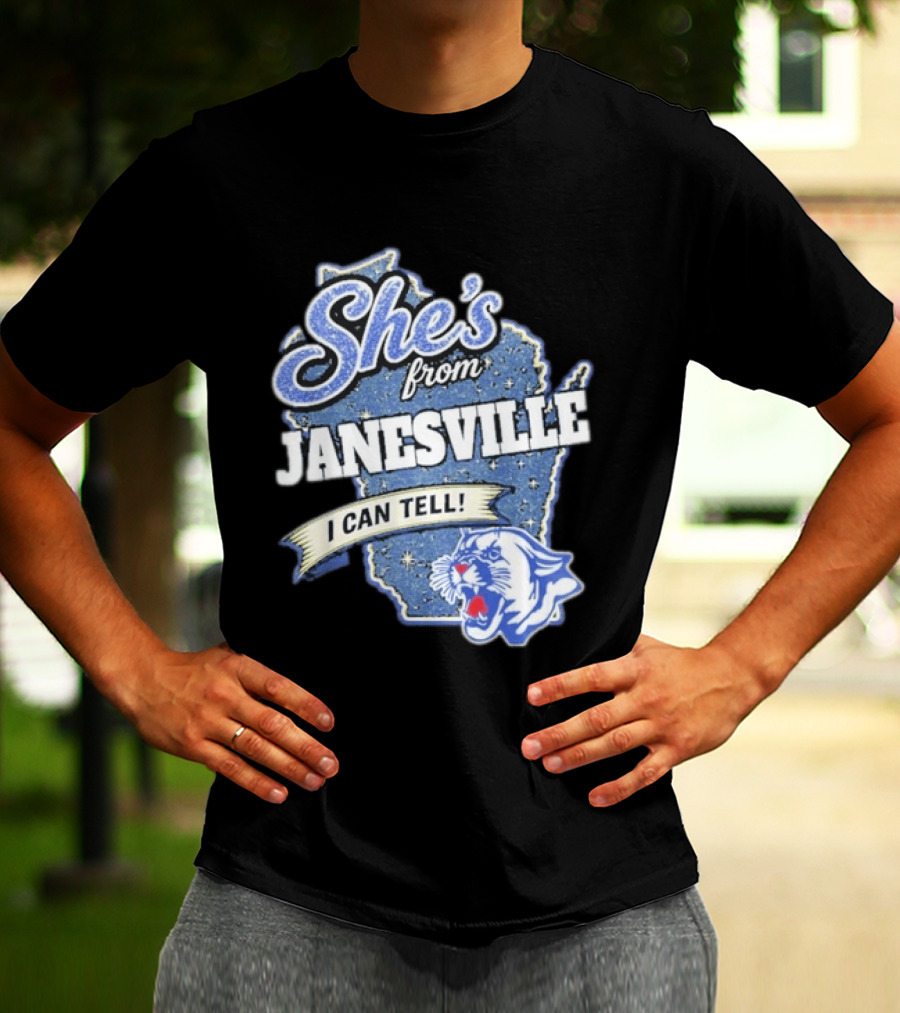 She's From Janesville I Can Tell With Wisconsin Map And Wildcat T-Shirt
