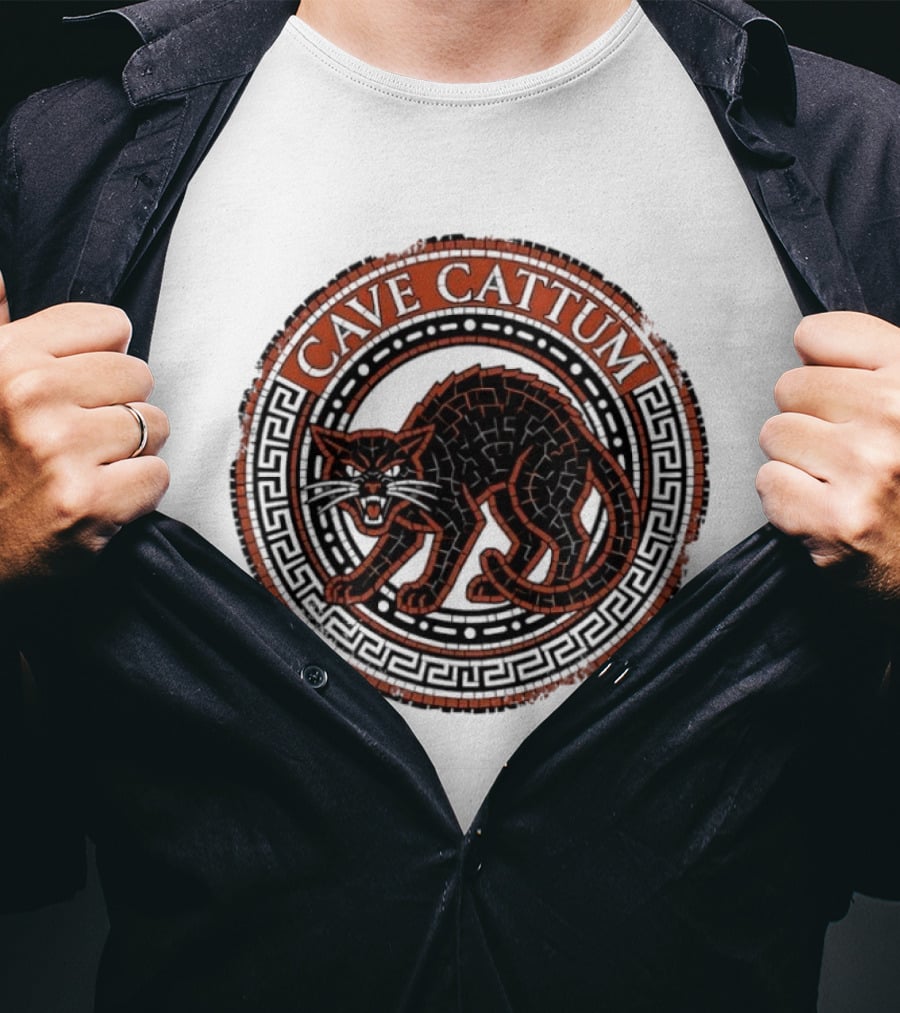 Cave Cattum Angry Cat Mosaic Roman Warning Sign T-Shirt