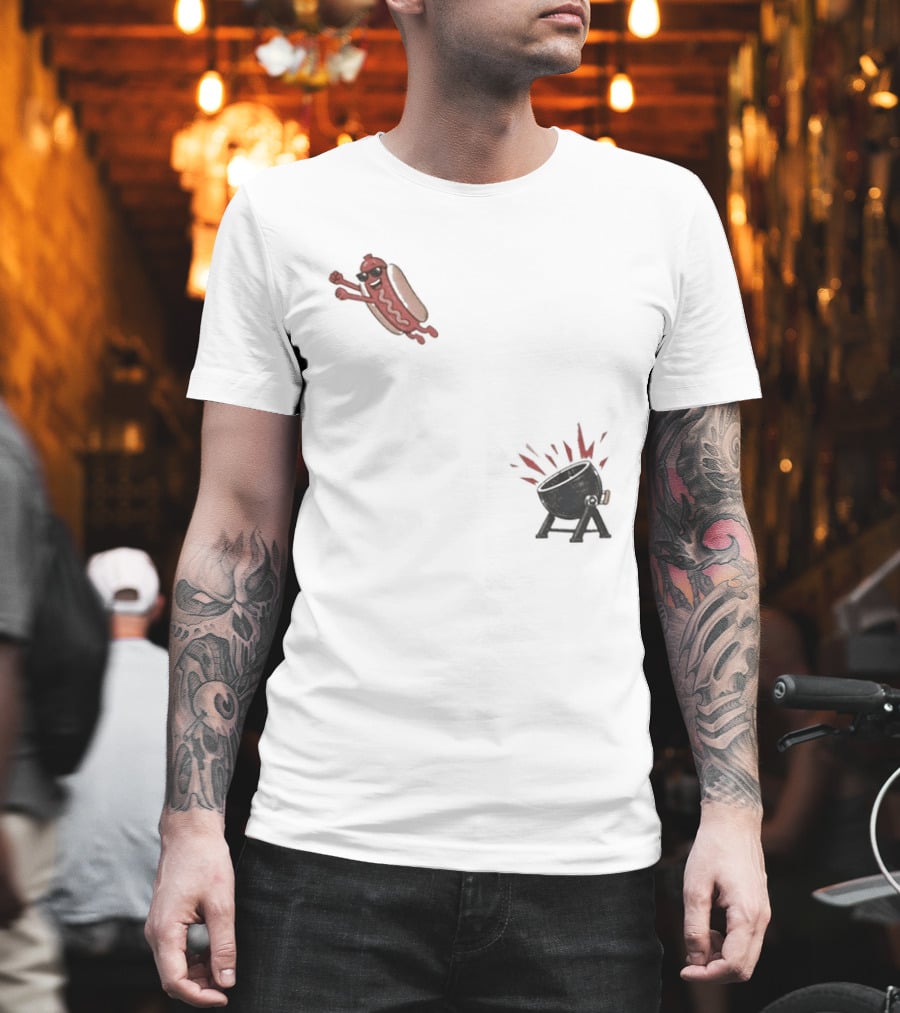 Hot Dog Jumping Into Grill Cartoon T-Shirt
