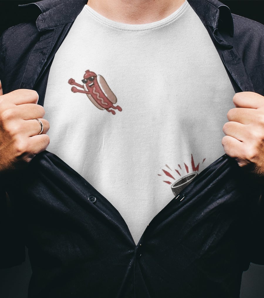Hot Dog Jumping Into Grill Cartoon T-Shirt