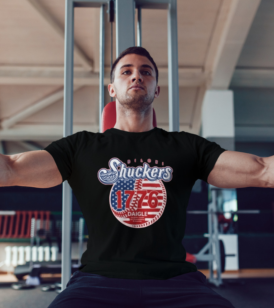 Biloxi Shuckers 1776 American Flag Baseball Daigle Text Stars Stripes T-Shirt