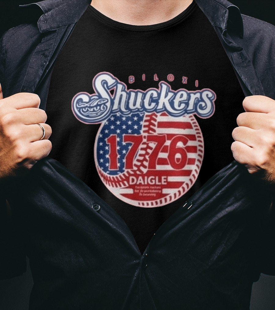 Biloxi Shuckers 1776 American Flag Baseball Daigle Text Stars Stripes T-Shirt
