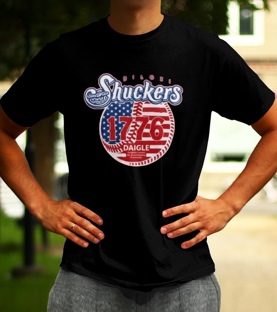 Biloxi Shuckers 1776 American Flag Baseball Daigle Text Stars Stripes T-Shirt