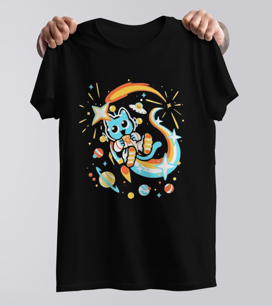 Cosmic Cat Cosmonaut Adventure In Stardust Space With Planets And Shooting Stars T-Shirt