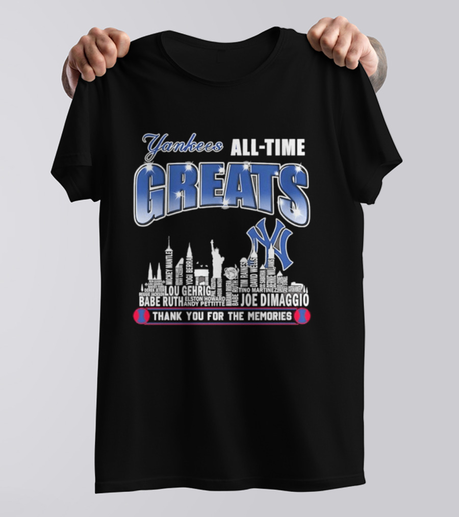 Yankees All Time Greats Lou Gehrig Babe Ruth Joe DiMaggio Derek Jeter MLB Skyline Yankees NY Thank You For The Memories T-Shirt