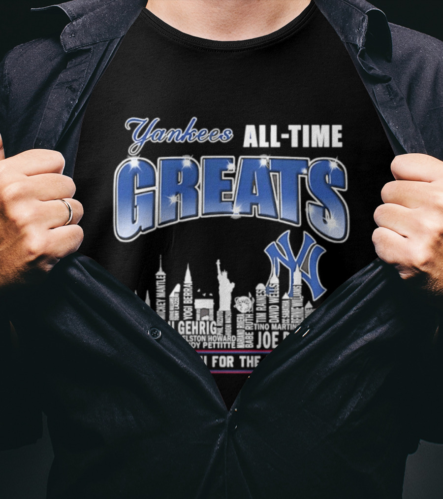 Yankees All Time Greats Lou Gehrig Babe Ruth Joe DiMaggio Derek Jeter MLB Skyline Yankees NY Thank You For The Memories T-Shirt