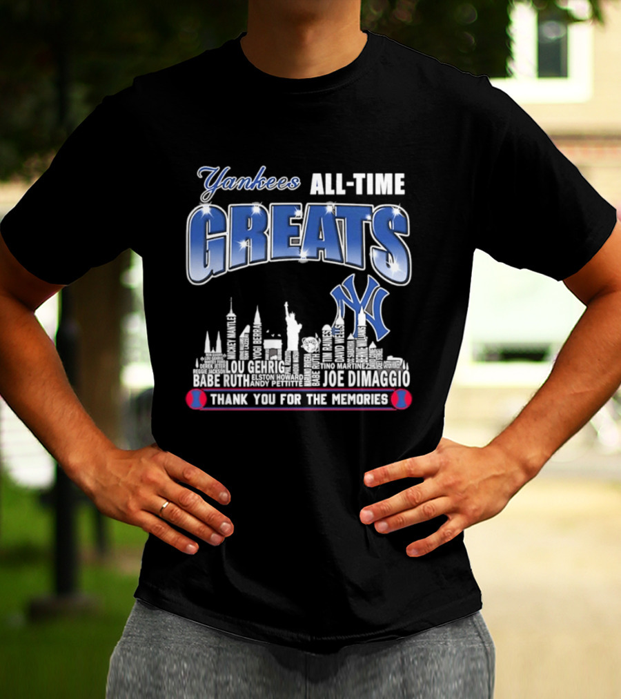 Yankees All Time Greats Lou Gehrig Babe Ruth Joe DiMaggio Derek Jeter MLB Skyline Yankees NY Thank You For The Memories T-Shirt
