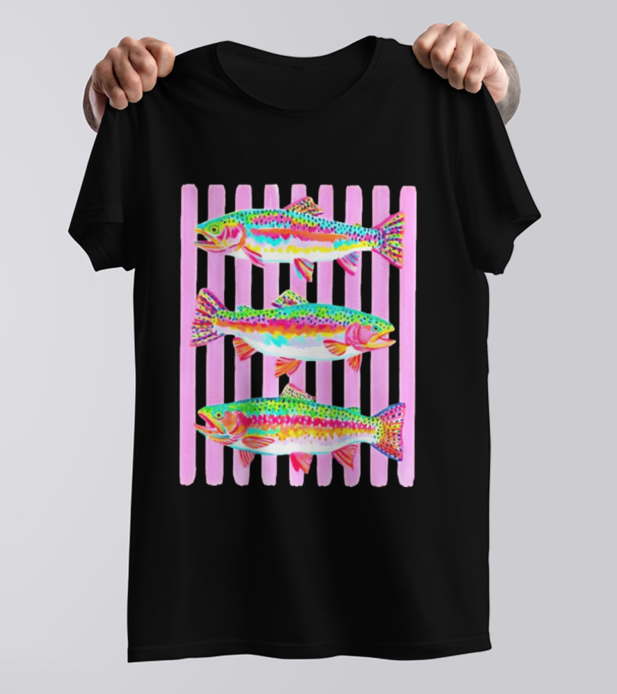Rainbow Trout Fish Three Swimming Pink Vertical Striped T-Shirt