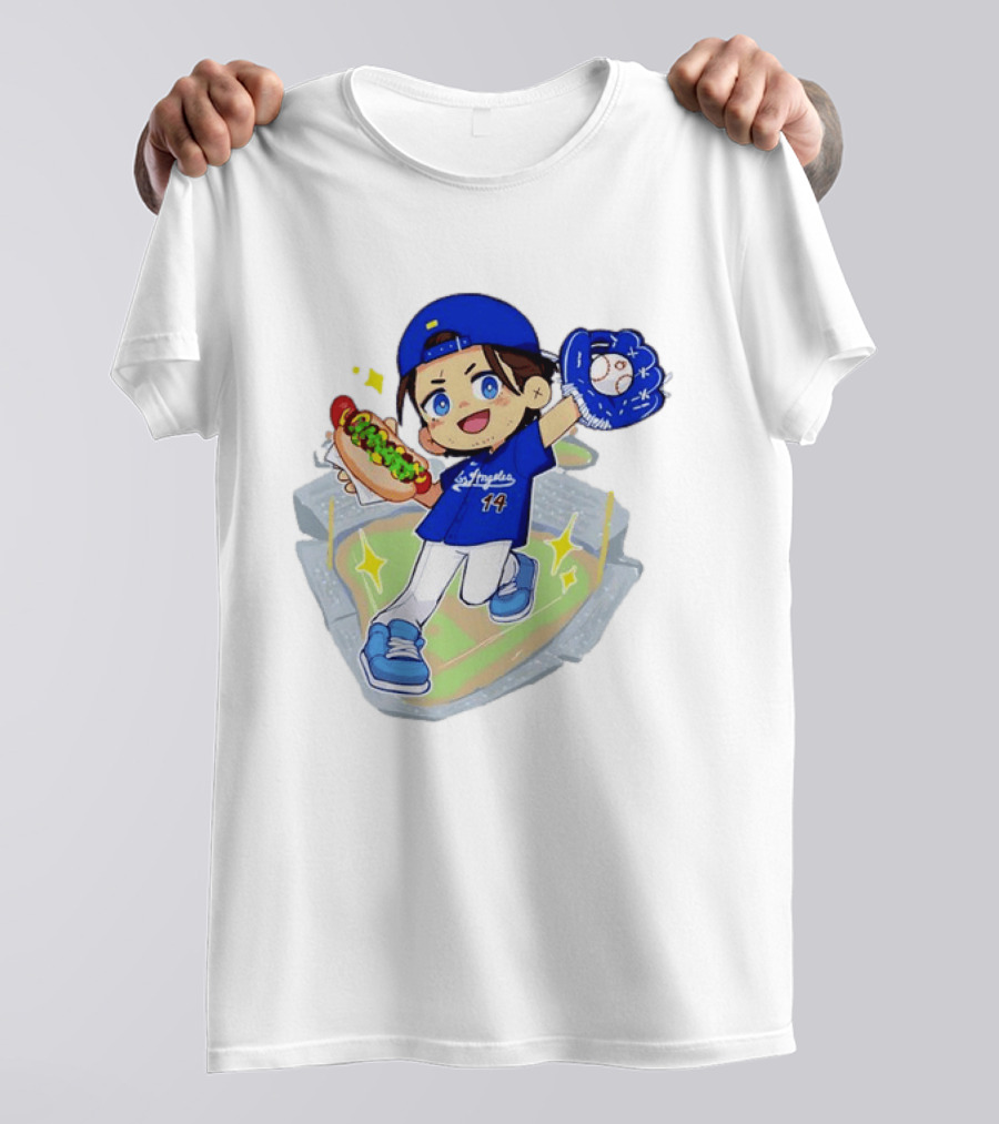Enrique Hernandez Los Angeles Dodgers 14 Cartoon Style Baseball Glove And Hot Dog T-Shirt