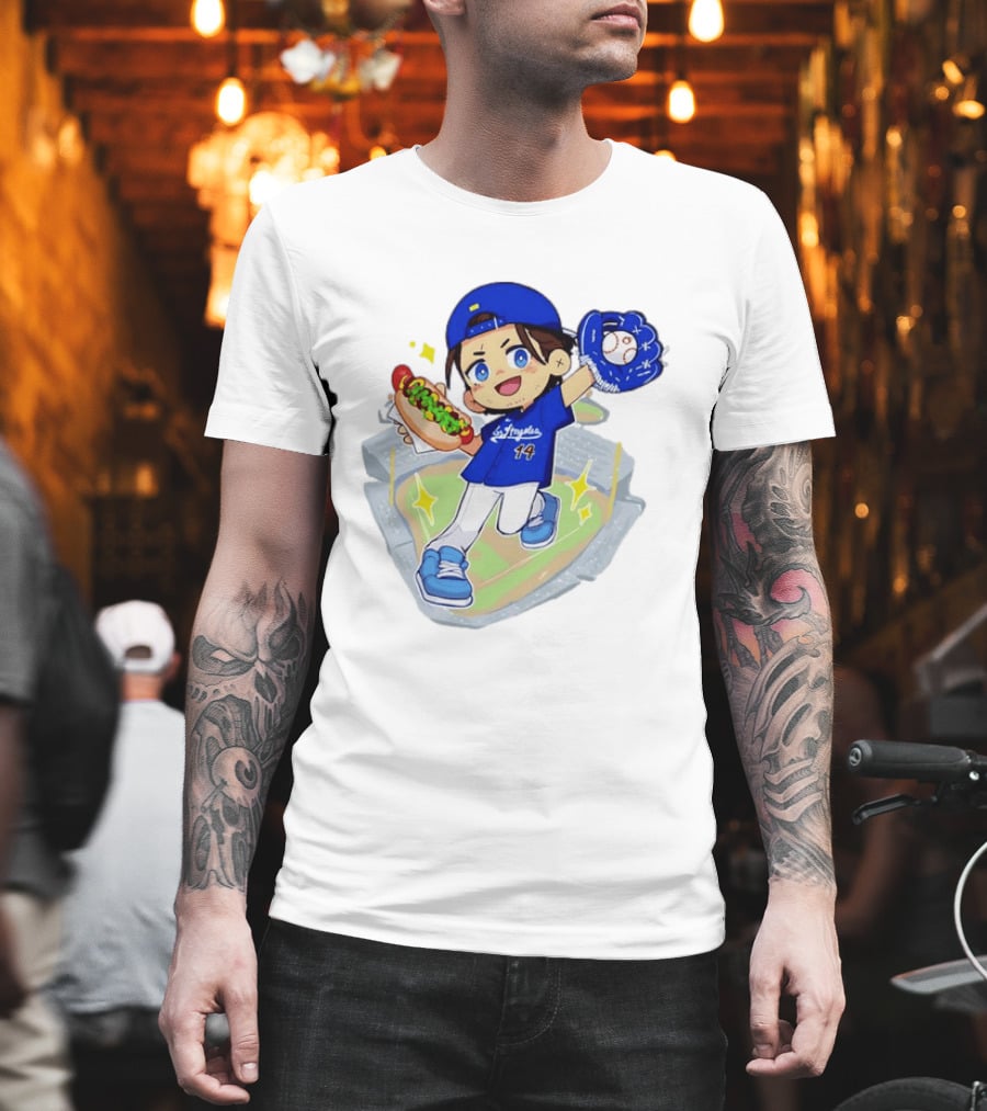 Enrique Hernandez Los Angeles Dodgers 14 Cartoon Style Baseball Glove And Hot Dog T-Shirt