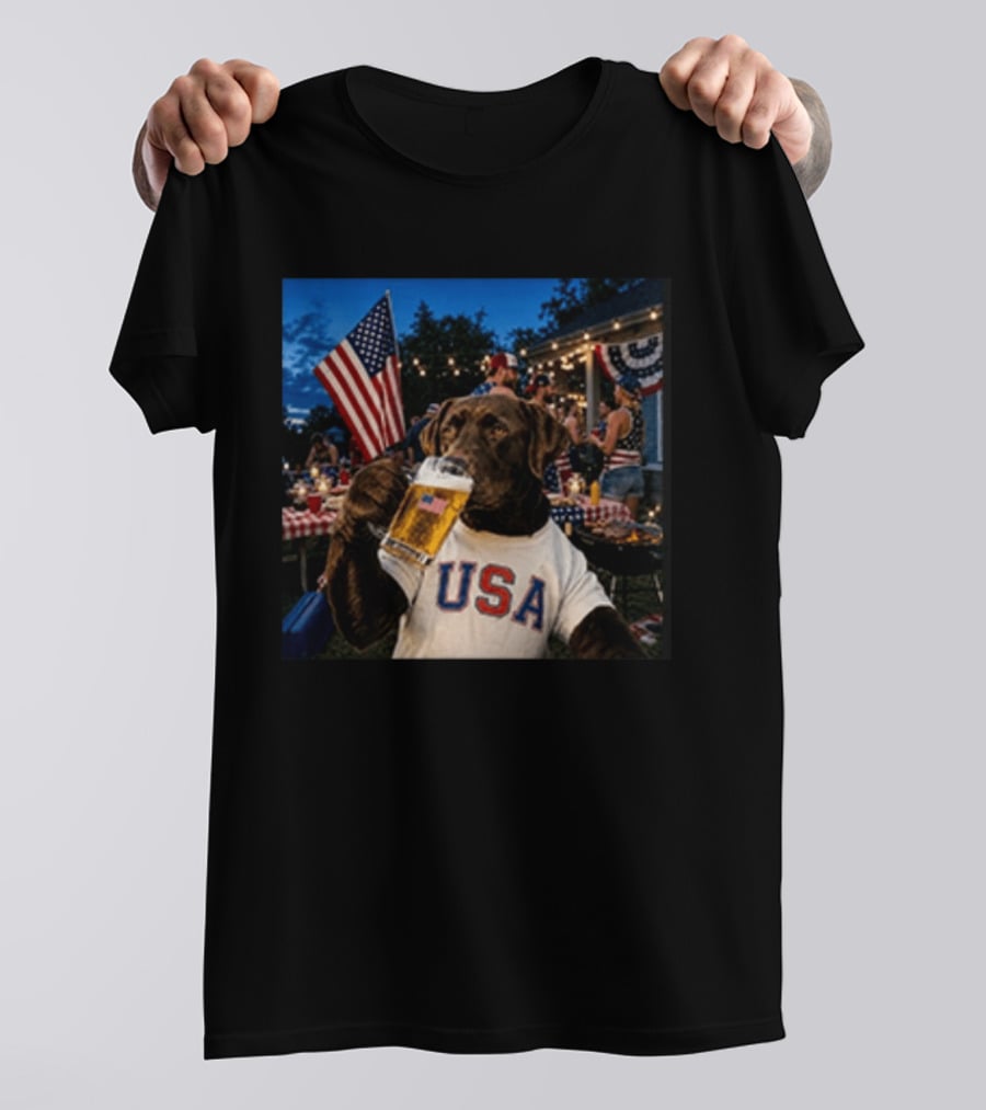 USA Chocolate Lab Drinking Beer American Flag 4th Of July Dog T-Shirt