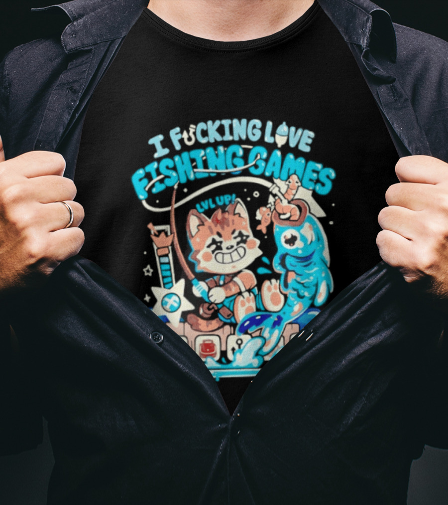 I Fucking Love Fishing Games XP Splash Cute Cat With Fish And Hearts T-Shirt