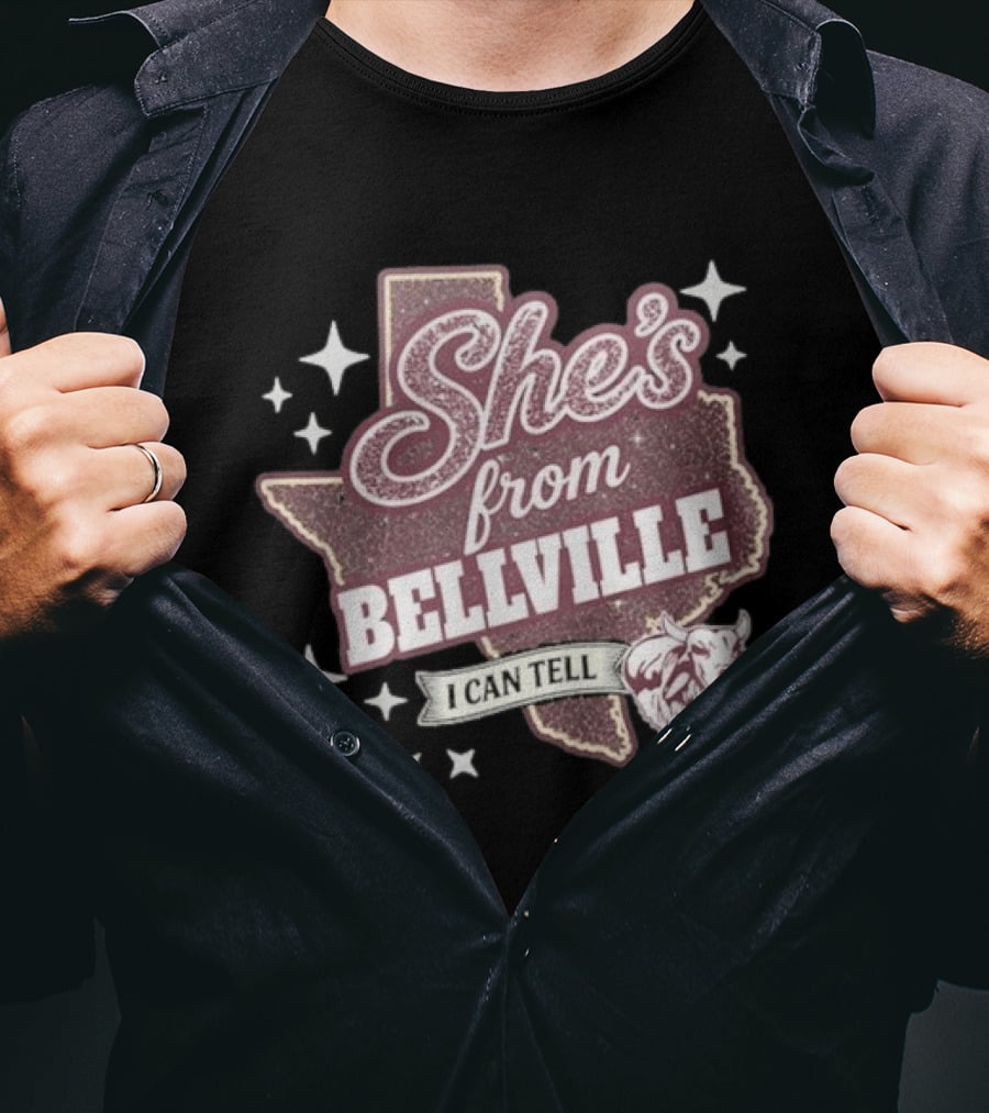 She's From Bellville I Can Tell Texas Map Stars Cowhead T-Shirt