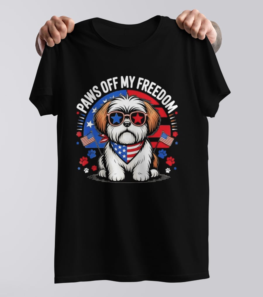Paws Off My Freedom Shih Tzu American Flag Sunglasses Stars And Stripes T-Shirt