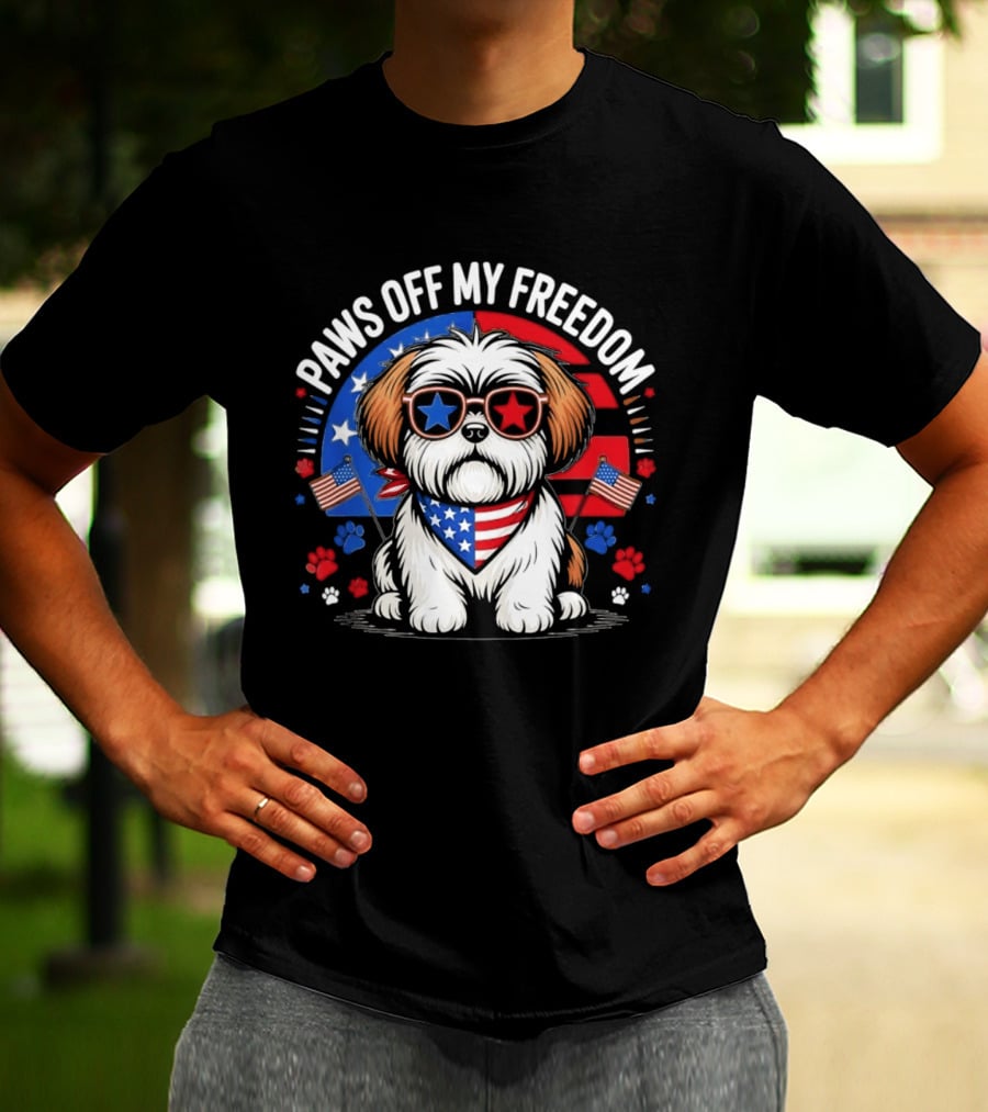 Paws Off My Freedom Shih Tzu American Flag Sunglasses Stars And Stripes T-Shirt
