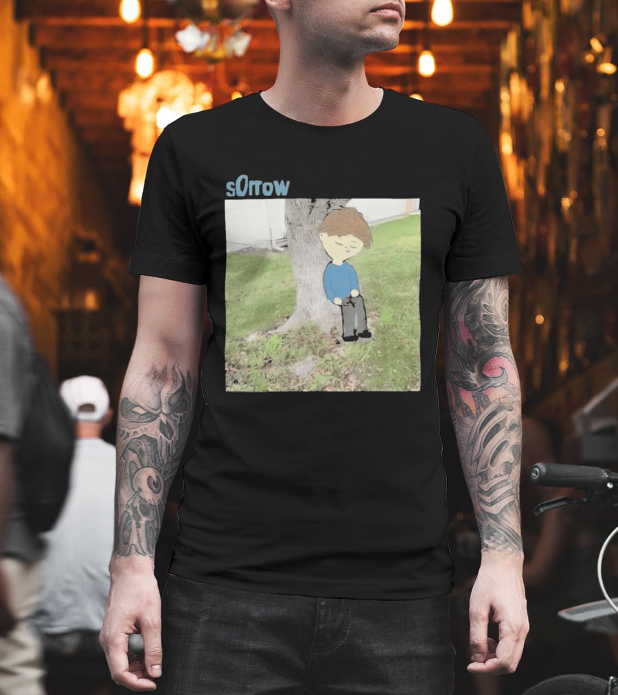 Sorrow Unhappy Sad Boy Leaning Against Tree T-Shirt
