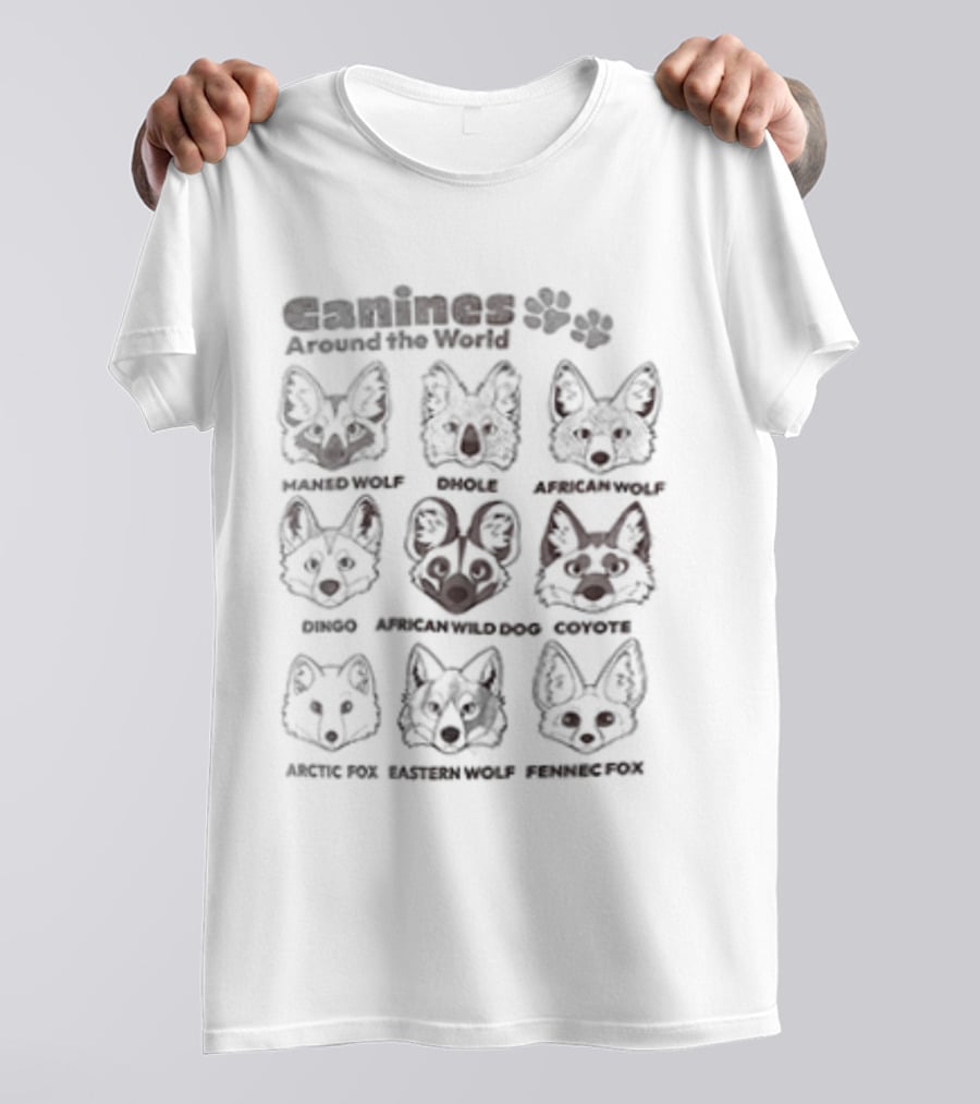 Ganines Around The World Maned Wolf Dhole Bush Dog African Wild Dog Coyote Culpeo Raccoon Dog Tibetan Fox Ethiopian Wolf Tanuki T-Shirt