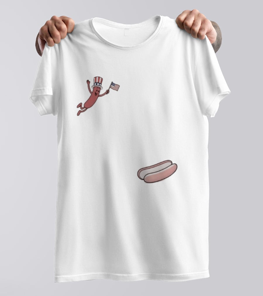 Hot Dog Wearing USA Flag Hat Jumping With American Spirit T-Shirt