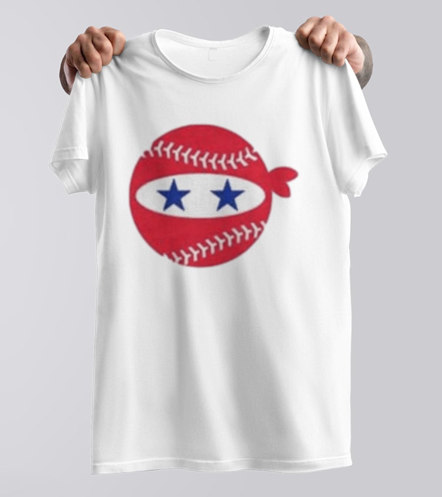 Pitching Ninja Baseball Two Blue Stars Red Baseball Stitches T-Shirt