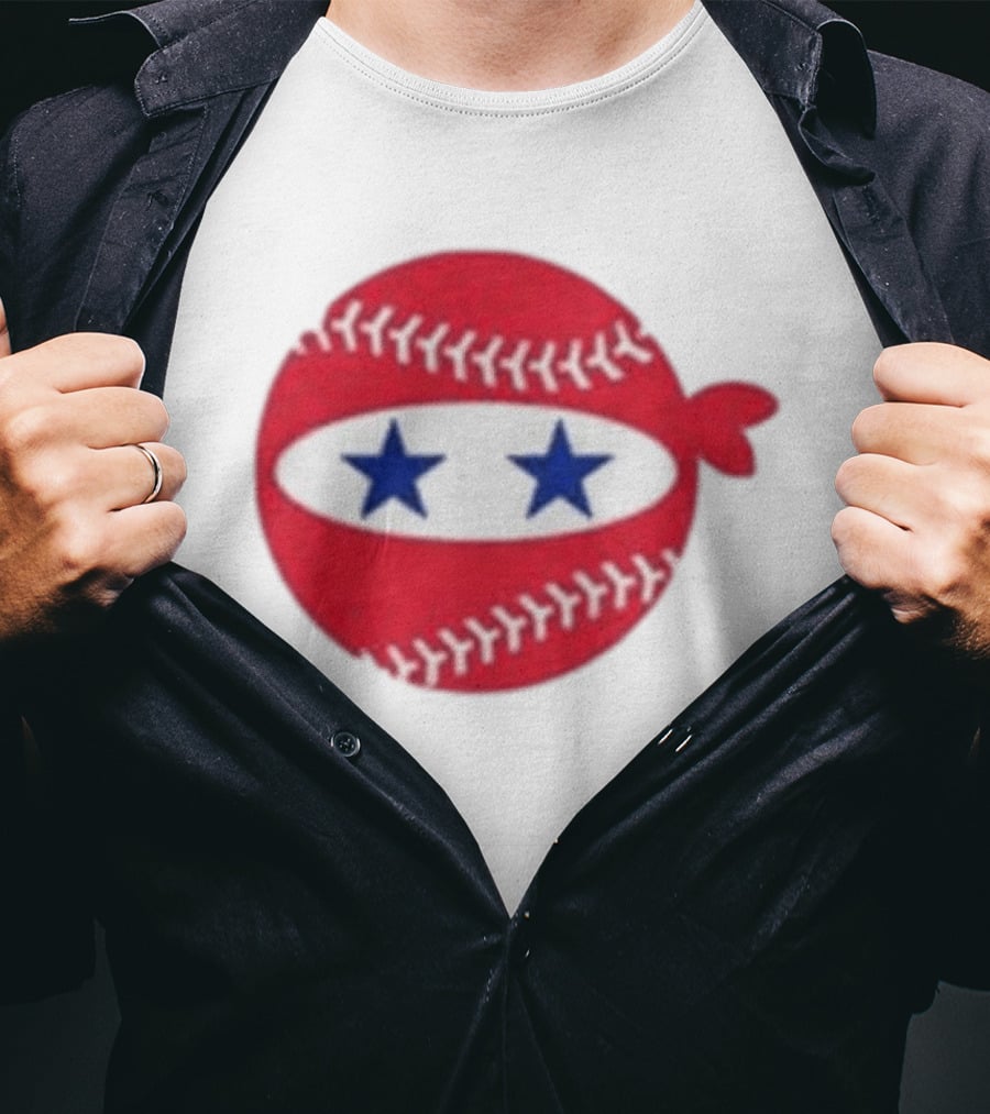 Pitching Ninja Baseball Two Blue Stars Red Baseball Stitches T-Shirt