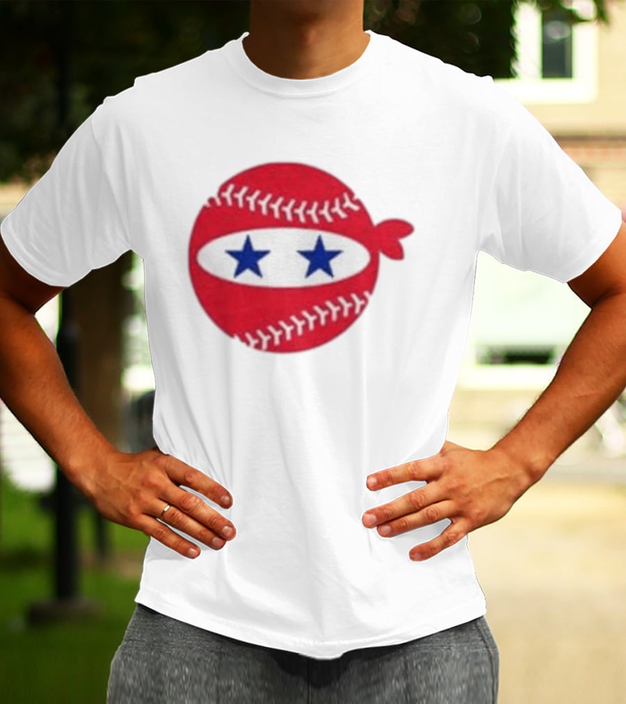Pitching Ninja Baseball Two Blue Stars Red Baseball Stitches T-Shirt