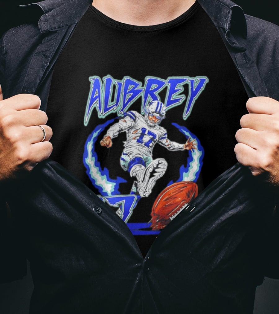 Aubrey 17 Dallas Football Player Kicking With Blue Lightning T-Shirt