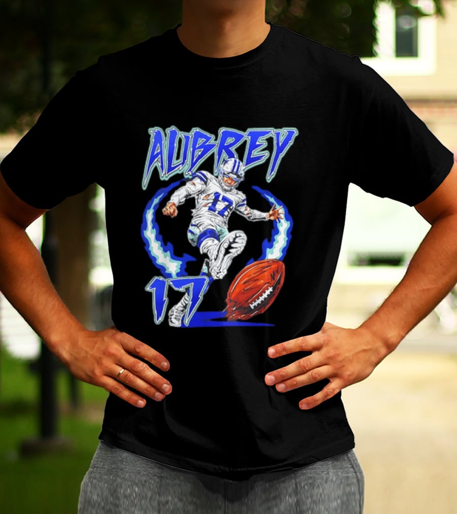 Aubrey 17 Dallas Football Player Kicking With Blue Lightning T-Shirt