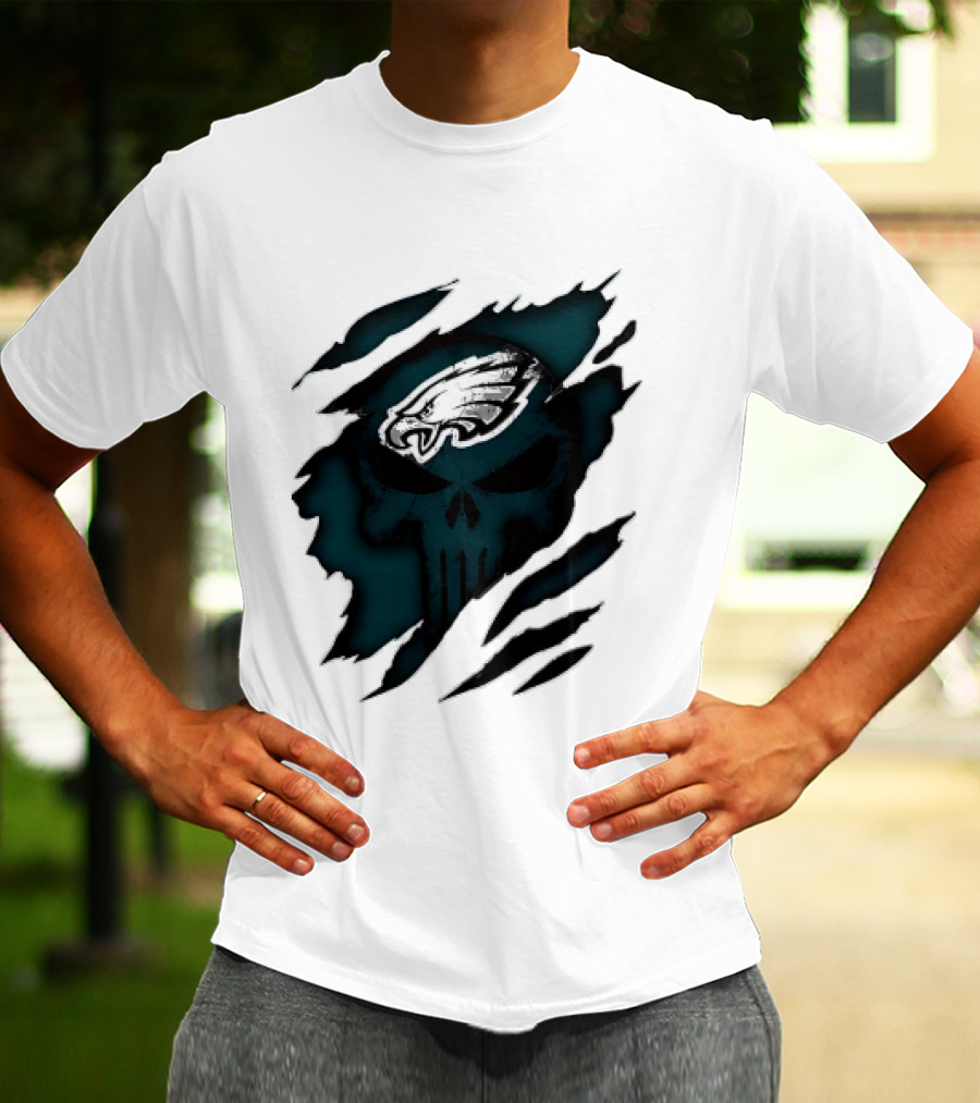 Philadelphia Eagles Punisher Skull Ripped Effect NFL Team Merchandise T-Shirt