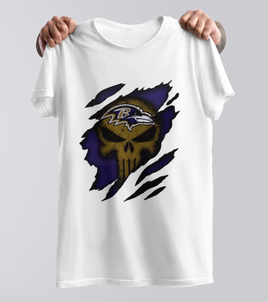 Baltimore Ravens Punisher Skull Torn Effect Fan Gear T-Shirt