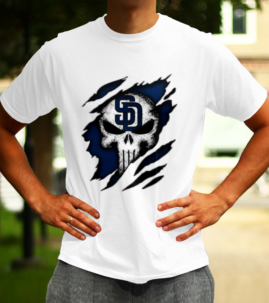 SD Punisher Skull Ripped Fabric San Diego Padres T-Shirt