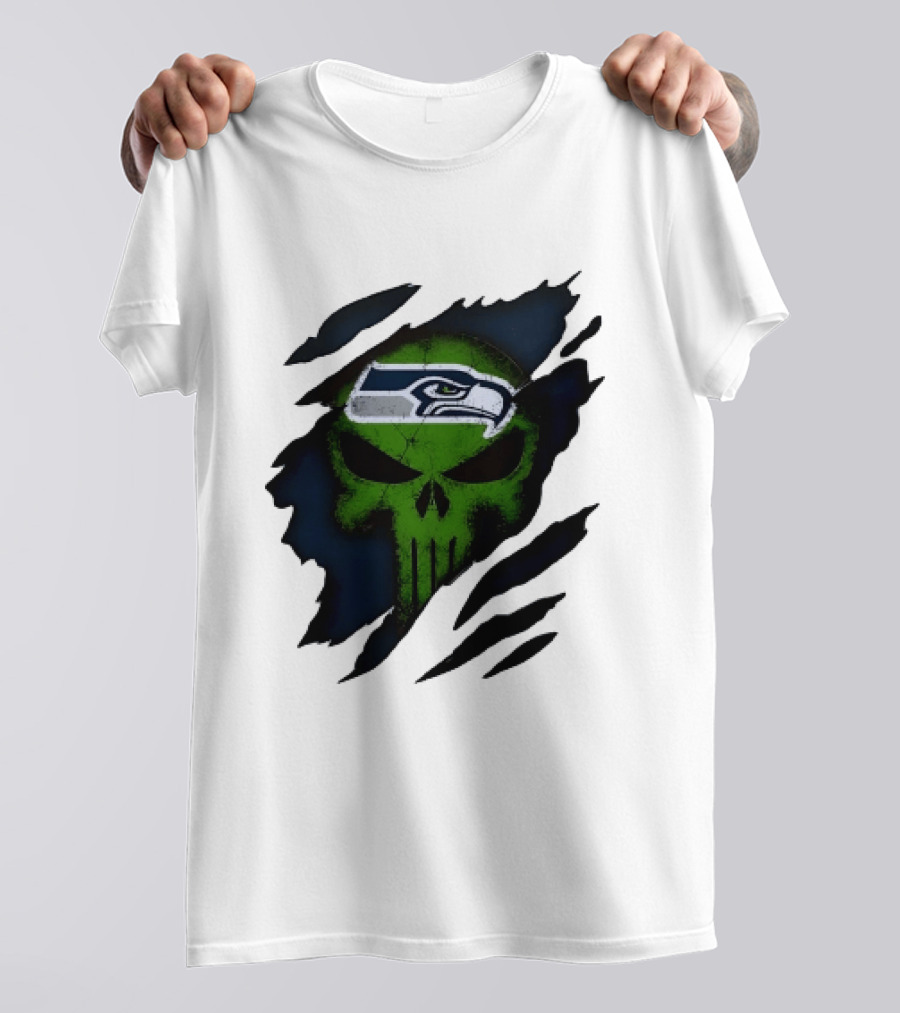 Seattle Seahawks Punisher Skull Ripped Fabric T-Shirt