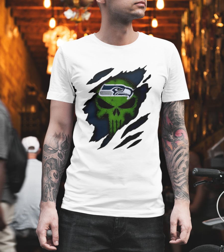 Seattle Seahawks Punisher Skull Ripped Fabric T-Shirt