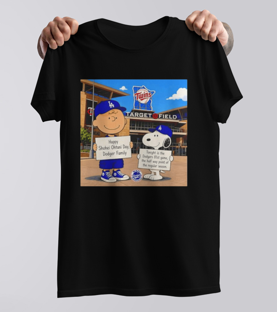 Snoopy And Charlie Brown Happy Shohei Ohtani Day Dodgers Twins Target Field T-Shirt