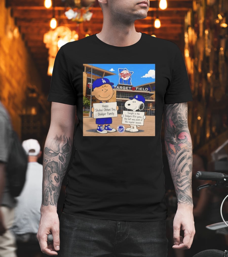 Snoopy And Charlie Brown Happy Shohei Ohtani Day Dodgers Twins Target Field T-Shirt